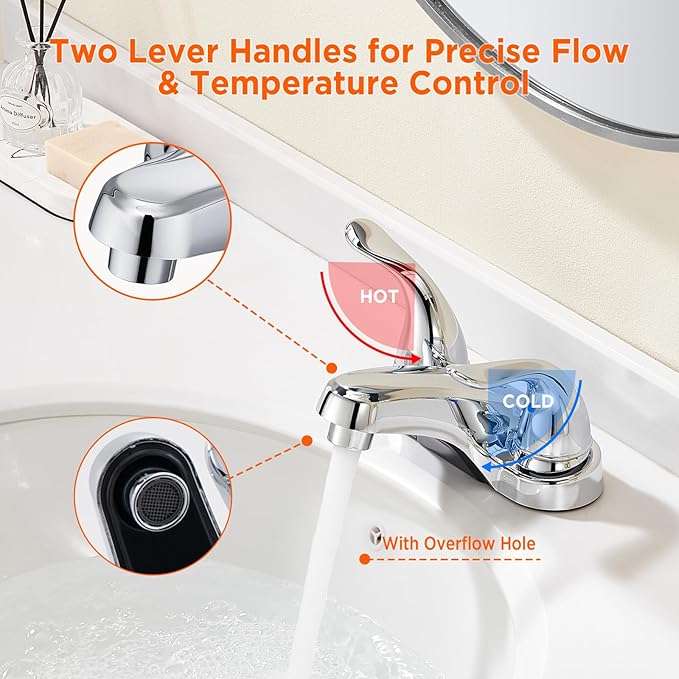 Bathroom Sink Faucets 2/3 Hole,Chrome Plating Dual Handles 4 inch Plastic Plating Over Bathroom Faucet with Pop-up Drain and 2 Supply Hoses for Apartment Rvs Sink Vanity