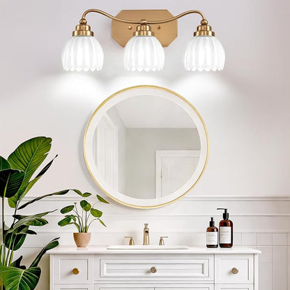 3 Light Gold Vintage Vanity Lights, Antique Brass Finish | Milk White Tulip Crystal Shades,Brushed Gold Bathroom Light Fixtures, Wall Sconce Ideal for Bedroom, Hallway, Easy to Install