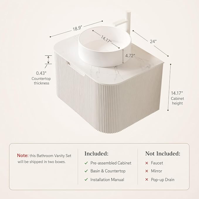 24 Inch Bathroom Vanity with Sink, Floating Wall Mounted Single Sink Vanity for Small Baths, White Curved Fluted Front, Stone Top, Pure White Round Vessel Basin, Pre-Assembled