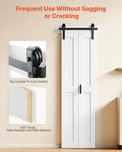 VEVOR Bifold Barn Door, 24" x 84", MDF Bi-Fold Sliding Closet Doors, Header Board and Hardware Kit Included, H-Frame Space-Saving Design, Panels Need to Assemble, Waterproof & Quiet, White