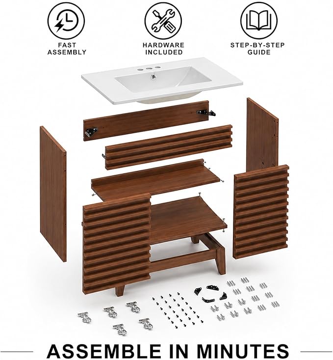 24 Inch Bathroom Vanity with Sink, Walnut Fluted Freestanding Bathroom Vanity Cabinet with Ceramic Sink Top, Solid Wood Legs, Soft Close Double Doors and Modern Storage Cabinet
