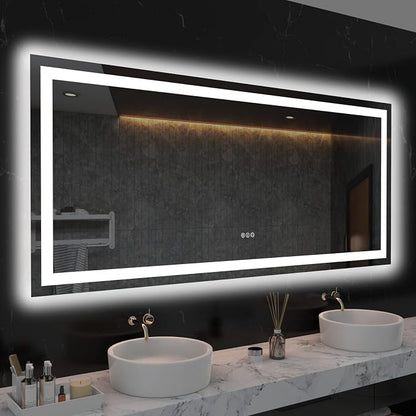 LOAAO 60"X28" LED Bathroom Mirror with Light, UL Listed | Anti-Fog, Dimmable, 3 Color Temperature, Backlit + Front Lit, Memory Function, Tempered Glass