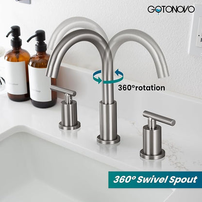 gotonovo 3 Hole 2 Handles Lavatory Basin Bathroom Sink Faucet with Pop Up Drain with Hot and Cold Mixer Valves 8 Inch Widespread Bathroom Faucet Brushed Nickel