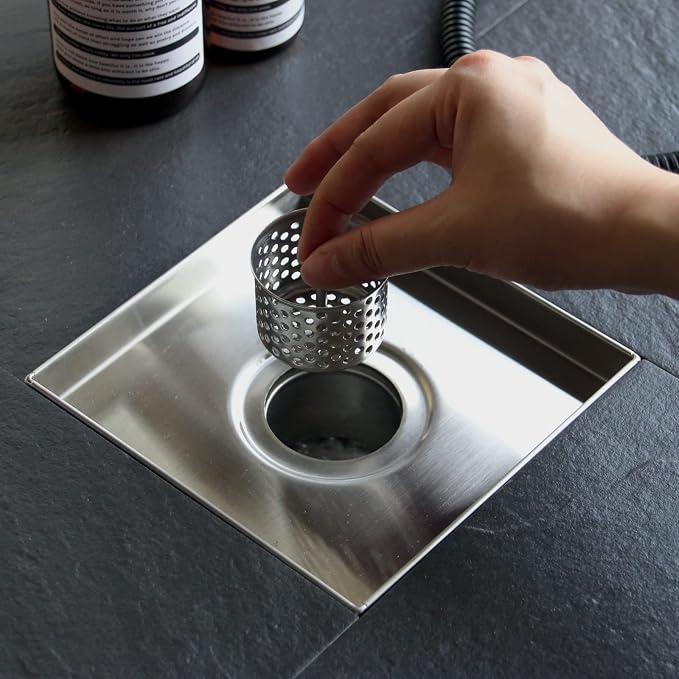 4 Inch Square Shower Drain with Tile Insert Grate, Brushed | 304 Stainless Steel, Square Tile Floor Drain for Bathroom, Removable Tile-In Drain Grate with Hair Strainer, cUPC Certified