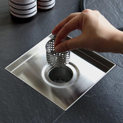 4 Inch Square Shower Drain with Tile Insert Grate, Brushed | 304 Stainless Steel, Square Tile Floor Drain for Bathroom, Removable Tile-In Drain Grate with Hair Strainer, cUPC Certified