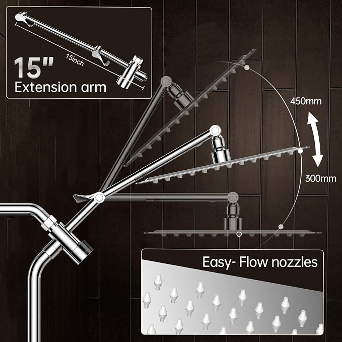 Veken All Metal 12" Luxurious Shower Head with Handheld,Full Body Coverage | Large Detachable 12" Square Rain Showerhead,Dual High Pressure Shower Heads Combo,Power Jet,Overhead Waterfall,Chrome,Silver