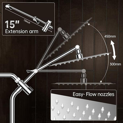 Veken All Metal 12" Luxurious Shower Head with Handheld,Full Body Coverage | Large Detachable 12" Square Rain Showerhead,Dual High Pressure Shower Heads Combo,Power Jet,Overhead Waterfall,Chrome,Silver