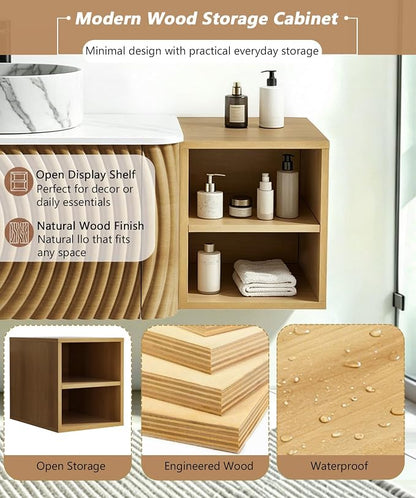 84" Floating Bathroom Vanity with Double Sink, Mid-Century Wall Mounted Bathroom Vanity Cabinet with Wood Waved Decor, Ceramic Vessel Basin, Sintered Stone Top, Soft Close Drawer, Side Open Cube