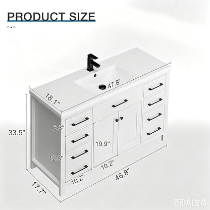 LUCKWIND 48" Modern Bathroom Vanity with Sink Combo, Contemporary Painted Storage Cabinet and Single White Sink, Include Soft-Closing Doors & Matte Black Faucet, White