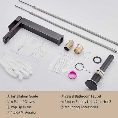 Vessel Sink Faucet, Oil Rubbed Bronze 1 Hole Single Handle Tall Bathroom Vanity Faucets, Modern Utility Rv Laundry Bath Restroom Mixer Tap with Metal Pop Up Drain and 2 Water Supply Lines