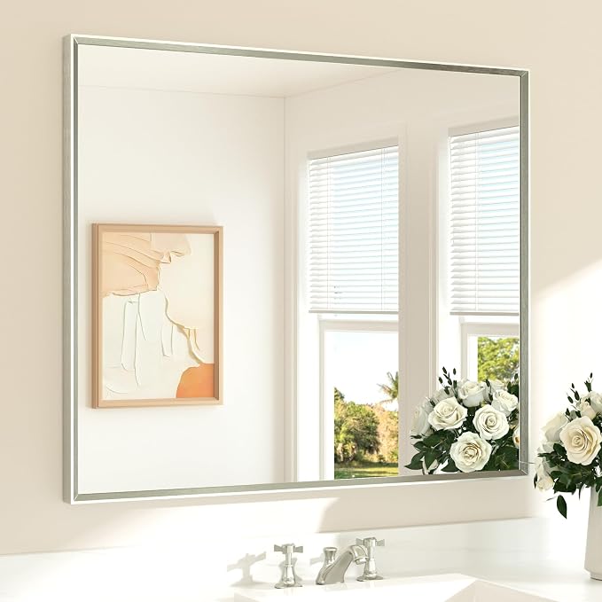 Bathroom Mirror for Over Sink Brushed Nickel Beveled Frame 42" x 36" Rectangle Bathroom Vanity Wall Mirror, Tempered Glass, Stronger Frame, Modern Farmhouse Bedroom, Entryway, Living Room