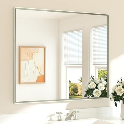 Bathroom Mirror for Over Sink Brushed Nickel Beveled Frame 42" x 36" Rectangle Bathroom Vanity Wall Mirror, Tempered Glass, Stronger Frame, Modern Farmhouse Bedroom, Entryway, Living Room