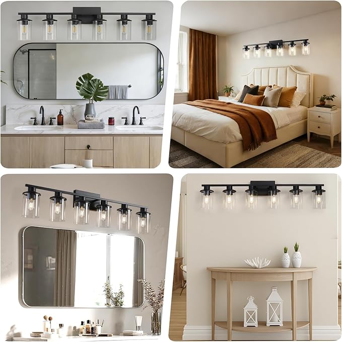 LOUSACE 6 Light Bathroom Vanity Light, Matte Black Bathroom Light Fixtures, Modern Bathroom Lights Over Mirror with Clear Glass Shade, Wall Sconce Lighting for Bathroom Mirror