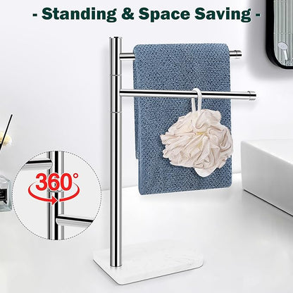 Hand Towel Holder, F-Shape Hand Towel Stand with Marble Base, Stainless Steel Swivel Hand Towel Rack Bar Standing for Bathroom Kitchen Countertop, 2 Arms (Chrome Finish)