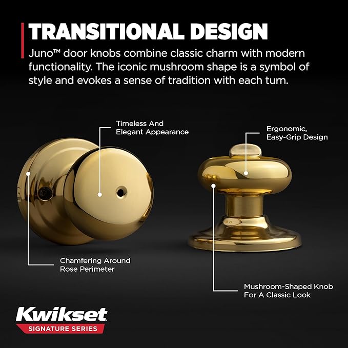 Kwikset Juno Interior Privacy Door Knob with Lock, Door Handle for Bathroom and Bedroom, Polished Brass Keyless Turn Lock Doorknob (Pack of 2)