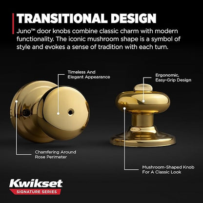 Kwikset Juno Interior Privacy Door Knob with Lock, Door Handle for Bathroom and Bedroom, Polished Brass Keyless Turn Lock Doorknob (Pack of 2)