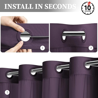 Purple Ringless Linen Textured Shower Curtain with Snap in Liner 72x75 | 3 in 1 Hotel Shower Curtain Set, Removable Liner, Waterproof & Washable, Mesh Top Window, Durable Fabric, Easy to Install