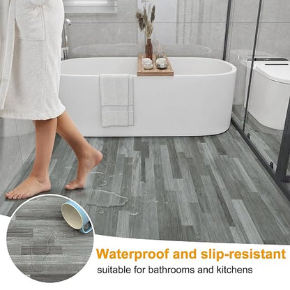 Countewol Peel and Stick Vinyl Flooring Roll Grey Wood Look, Self Adhesive Waterproof Removable PVC Floor Sheet for Apartment Kitchen RV