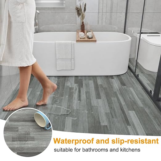 Countewol Peel and Stick Vinyl Flooring Roll Grey Wood Look, Self Adhesive Waterproof Removable PVC Floor Sheet for Apartment Kitchen RV