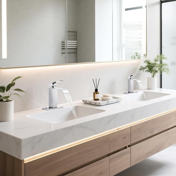 Chrome Bathroom Faucets, Waterfall Bathroom Sink Faucet Modern Single Handle Bathroom Faucte 1 or 3 Hole, RV Mixer Tap Vanity Faucet - Includes Pop-up Drain Supply Hoses Deck Plate