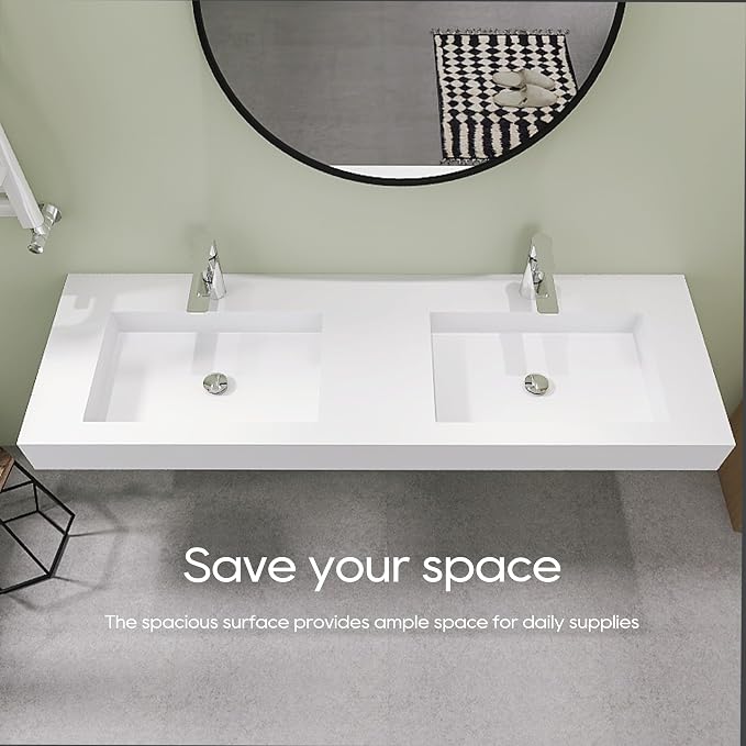 SJ STAR&JANE 59" x 19" Solid Surface Bathroom Double Vessel Sink, Wall Mounted Sink, Stone Resin Countertop With Double Bowl in Matte White Rectangle Double Floating Vanity Sink Durable Modern Design