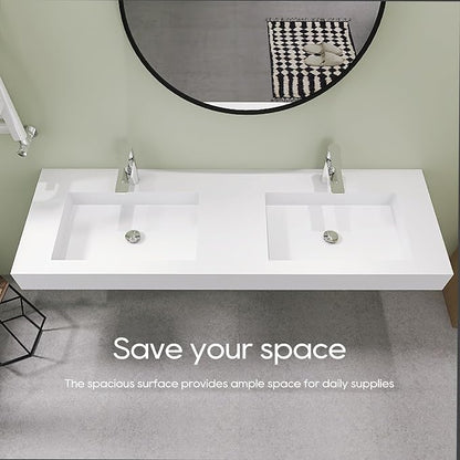 SJ STAR&JANE 59" x 19" Solid Surface Bathroom Double Vessel Sink, Wall Mounted Sink, Stone Resin Countertop With Double Bowl in Matte White Rectangle Double Floating Vanity Sink Durable Modern Design