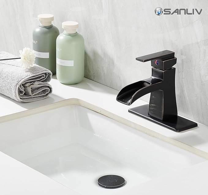 Oil-Rubbed Bronze Waterfall Bathroom Faucet, Sanliv Single Handle Centerset Bathroom Sink Faucet with Pop-Up Drain & Deck Plate for 1 or 3-Hole (4 inch) Installation, Bronze Vanity Faucet, ORB