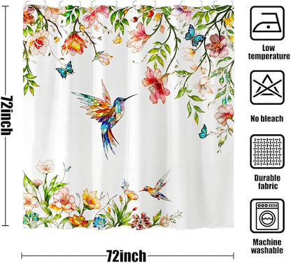 Fowocu Floral Bird Bathroom Shower Curtain Colorful Stained Glass Flower Hummingbird Butterfly Shower Curtains Watercolor Plant Leaf Waterproof Fabric Bath Curtain Decor 72x72 inch