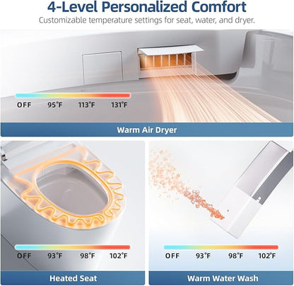 Smart Toilet with Built-in Tank and Pump - Bidet Toilet Combo with Side Knob Control, Heated Seat, Instant Warm Water Wash, Warm Air Dryer, 1.06 GPF One-Piece Toilet for Low Water Pressure