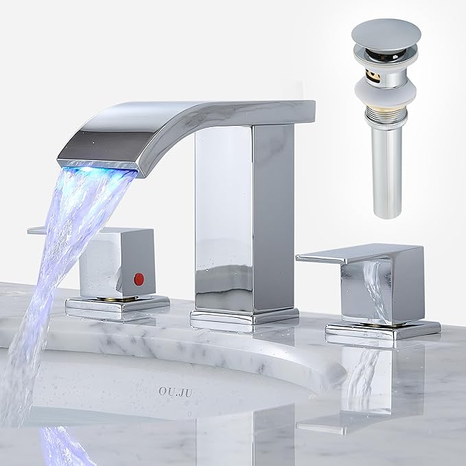 Bathroom faucets 3 Hole Widespread LED Light Bathroom Sink Faucet 8 inch Modern Bathroom Waterfall 3 Hole Vanity Chrome Faucet with Pop Up Drain(Chrome)