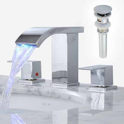 Bathroom faucets 3 Hole Widespread LED Light Bathroom Sink Faucet 8 inch Modern Bathroom Waterfall 3 Hole Vanity Chrome Faucet with Pop Up Drain(Chrome)