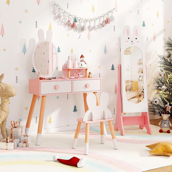 HONEY JOY Kids Jewelry Armoire Cabinet, Rabbit Themed Wooden Standing Jewelry Organizer w/Full-length Mirror and Storage Drawers, Children Dress Up Jewelry Cabinet for Little Girls (White)