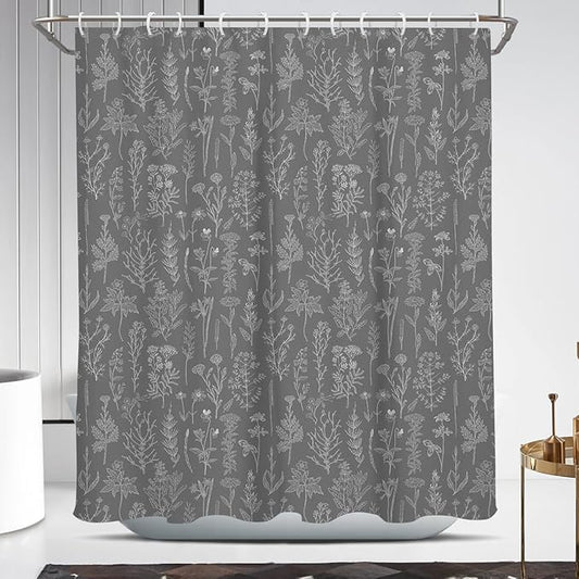 Coxila Vintage Floral Shower Curtain Gray Grey Retro Flower White Rustic Country Plant Botanical Cute Spring Boho Mens Elegant Antique Cottagecore Bathroom 60 x 72 Inch Polyester Fabric 12 Pack Hooks