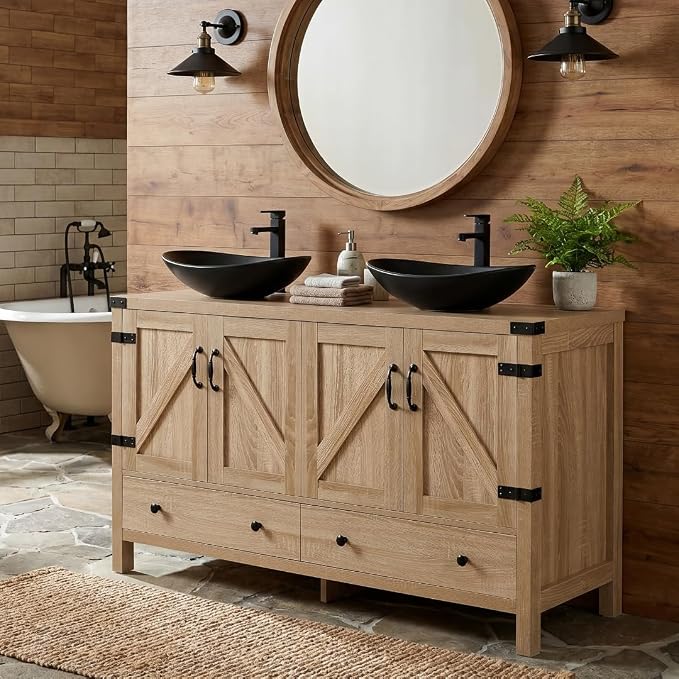 48 inch Natural Color Bathroom Vanity, Rustic Fixture Standing Pedestal Cabinet with Two Black Ceramic Boat Sinks