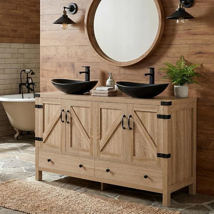 48 inch Natural Color Bathroom Vanity, Rustic Fixture Standing Pedestal Cabinet with Two Black Ceramic Boat Sinks