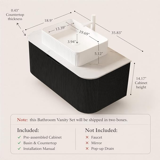 36 Inch Bathroom Vanity with Sink, Floating Wall Mounted Single Sink Vanity, Black Curved Fluted Front, Stone Top, White Textured Rectangular Vessel Basin, Pre-Assembled