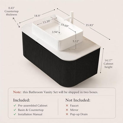 36 Inch Bathroom Vanity with Sink, Floating Wall Mounted Single Sink Vanity, Black Curved Fluted Front, Stone Top, White Textured Rectangular Vessel Basin, Pre-Assembled