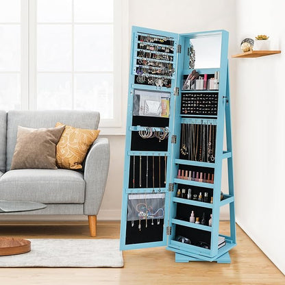 COSTWAY 360 Rotating Jewelry Armoire Cabinet, Standing Jewelry Organizer w/Full-Length Mirror & Large Storage Space, Lockable Mirror Jewelry Cabinet for Girls Women (Light Blue)