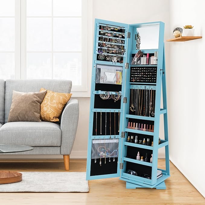360° Rotating Jewelry Armoire, Freestanding Jewelry Cabinet with Inside Makeup Mirror, 2-in-1 Lockable Jewelry Organizer w/Full-Length Mirror for Women (Sky Blue)