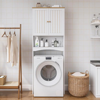 Over The Toilet Storage Cabinet for Small Bathrooms, Freestanding Space Saver with Double Doors & 2 Fixed Shelves, Stable Wood Organizer with Anti-Tip Kit, Fits 33-Inch Clearance, White