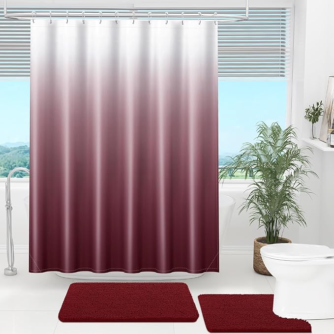 OLANLY Luxury Red and White Ombre Shower Curtain Sets with 12 Hooks, Waterproof and Washable Decorative Shower Curtains for Bathroom, 72x72 Inches