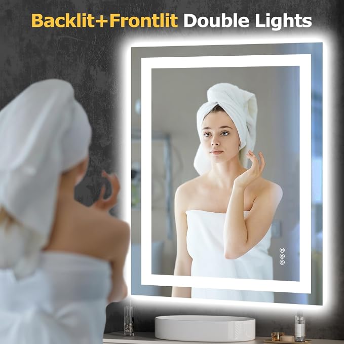 Hivone 28"X36" LED Bathroom Mirror with Lights, Anti-Fog, Dimmable, Backlit + Front Lit, Smart Bathroom Vanity Mirror, Memory Function, Shatterproof, Tempered Glass (Horizontal/Vertical)