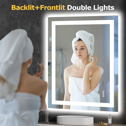 Hivone 28"X36" LED Bathroom Mirror with Lights, Anti-Fog, Dimmable, Backlit + Front Lit, Smart Bathroom Vanity Mirror, Memory Function, Shatterproof, Tempered Glass (Horizontal/Vertical)