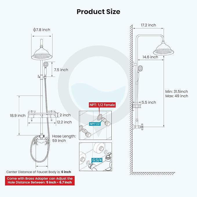 gotonovo Antique Brass Exposed Bathroom Shower Faucet with Shower Shelf 8 inch Rain Shower Head Double Cross Handle With Adjustable Handheld Sprayer Shower Shower System 2 Functions Wall Mounted
