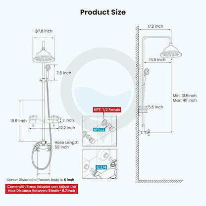 gotonovo Antique Brass Exposed Bathroom Shower Faucet with Shower Shelf 8 inch Rain Shower Head Double Cross Handle With Adjustable Handheld Sprayer Shower Shower System 2 Functions Wall Mounted