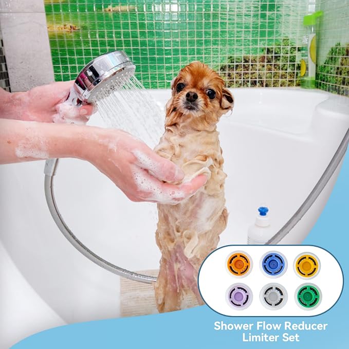 MAYYAYA 7-Pc Brass Shower Flow Saver Kit, 1/2", 6 Color Options | MAYYAYA brass flow saver kit: 6 color-coded reducers (1.2-2.5 GPM); durable 1/2" connector; fits fixed & handheld showers