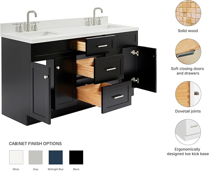 ARIEL Hamlet 66-inch Bathroom Vanity with Sink,Solid Wood, 1.5-inch Pure White Quartz Countertop & Backsplash, Double Rectangular Porcelain Sink, 4 Soft Closing Doors, 3 Dovetail Drawers, Black