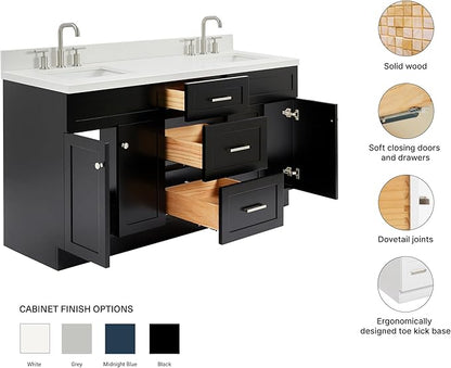 ARIEL Hamlet 66-inch Bathroom Vanity with Sink,Solid Wood, 1.5-inch Pure White Quartz Countertop & Backsplash, Double Rectangular Porcelain Sink, 4 Soft Closing Doors, 3 Dovetail Drawers, Black