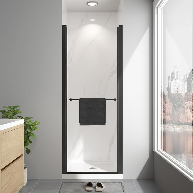 24"-26" W x 72" H Frameless Pivot Shower Door Matte Black | 1/4"(6mm) SGCC Tempered Glass with Explosion-Proof Film &Nano Coating,Customizable Width