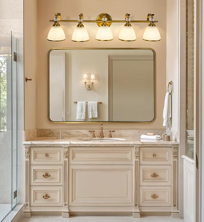 Gold Bathroom Light Fixture, 5-Light Bathroom Wall Sconces, 35 inch Brass Vanity Light with Milky White Frosted Glass Shade, Large Vintage Wall Lights for Spacious Rooms